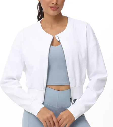 Vista 6 de THE GYM PEOPLE Chaquetas cortas para mujer, con cremallera completa, manga larga, acanaladas, sudaderas de entrenamiento, ligeras, casuales