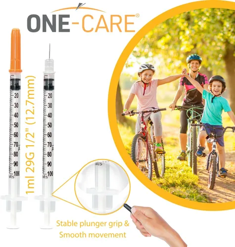 Vista 6 de ONE-CARE Jeringas 1 ml/cc, 29G x 1/2'' (12.7mm), Tapa Naranja, 100/caja