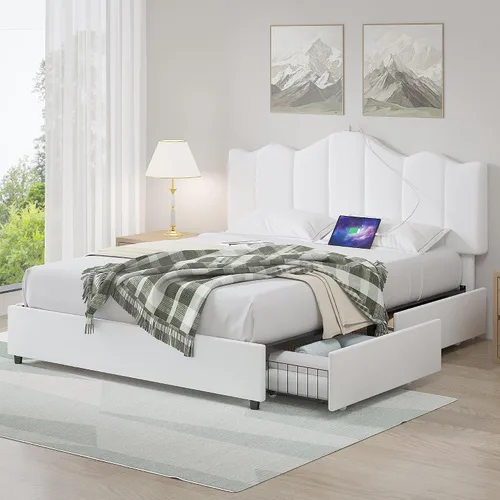 Vista 29 de VECELO Base de cama tamaño matrimonial, cabecera tapizada ajustable con botones, marco de cama resistente con soporte de listones de madera,
