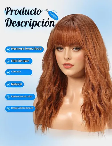 Vista 2 de HAIRCUBE Peluca larga con flequillo, pelucas sintéticas onduladas para mujer, color castaño rojizo Caoba