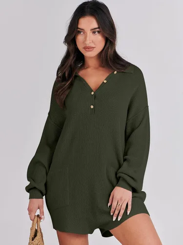 Vista 8 de ANRABESS Enterizo de suéter para mujer, trajes de otoño 2023, a la moda, largo, Henley, cuello en V, overol de punto para descansar