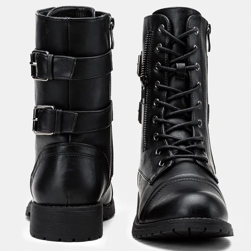 Vista 8 de Vepose Botas de combate para mujer, tacón bajo, botas militares a media pantorrilla con bolsillo para tarjetero, cuchillo y cartera