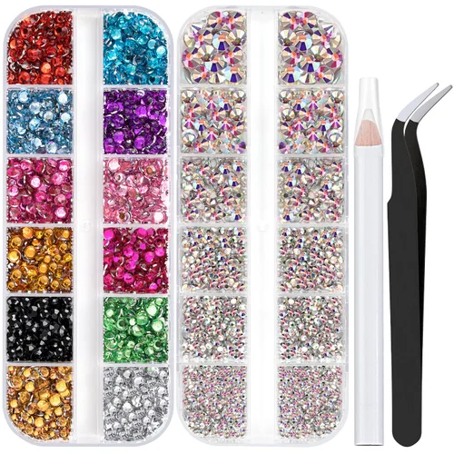 Vista 21 de Dos paquetes de diamantes de imitación de parte trasera plana, 4520 piezas de diamantes de imitación coloridos para arte de uñas, cristal colorido +