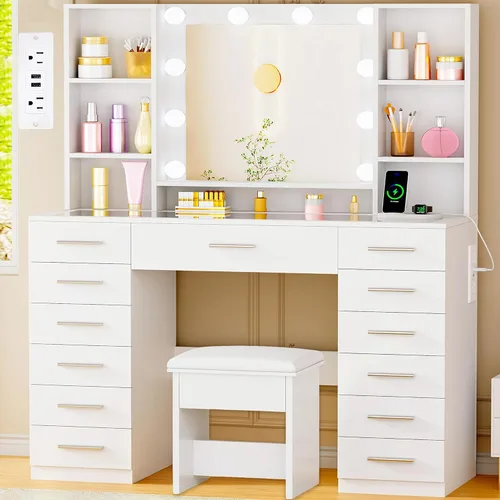 Vista 10 de ANWBROAD Escritorio de tocador con espejo y luces, juego de mesa de tocador de maquillaje blanco con parte superior de cristal, 13 cajones, 7