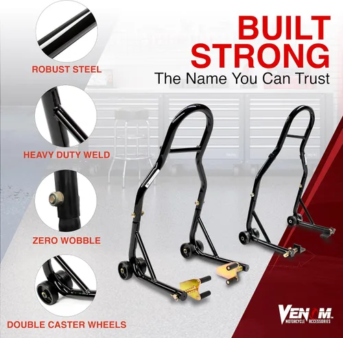 Vista 9 de Venom soporte de paleta frontal y trasera en combo para motocicleta deportiva, soporte para elevación de rueda, soporte de potrero en combo
