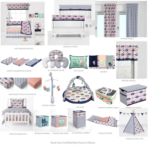 Vista 7 de Bacati - Falda de cuna azteca/cama infantil (Emma Kilim Coral/Mint/Navy)