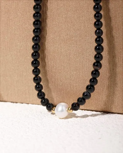 Vista 4 de Jewever Gargantilla de perlas cultivadas de agua dulce con ágata negra para mujer, cristales y piedras curativas, regalo de joyería, collar