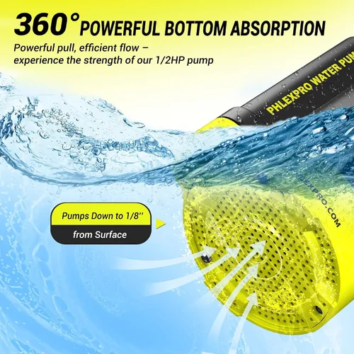 Vista 3 de Bomba de agua sumergible PHLEX PRO 1/2HP, eliminación rápida de agua de 2650 GPH Negro