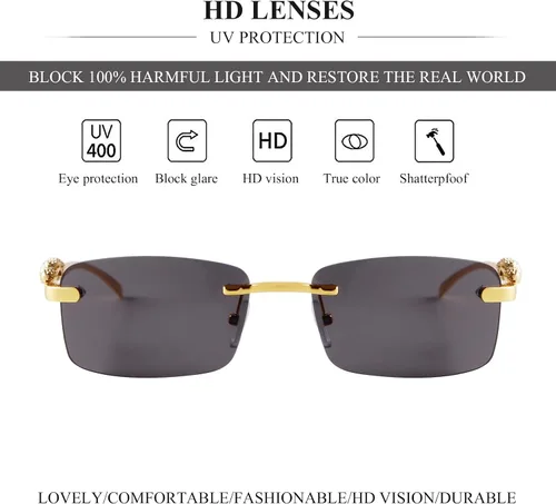 Vista 4 de Lentes de sol rectangulares sin montura vintage para mujeres y hombres, de metal dorado, sin marco, cuadradas, transparentes