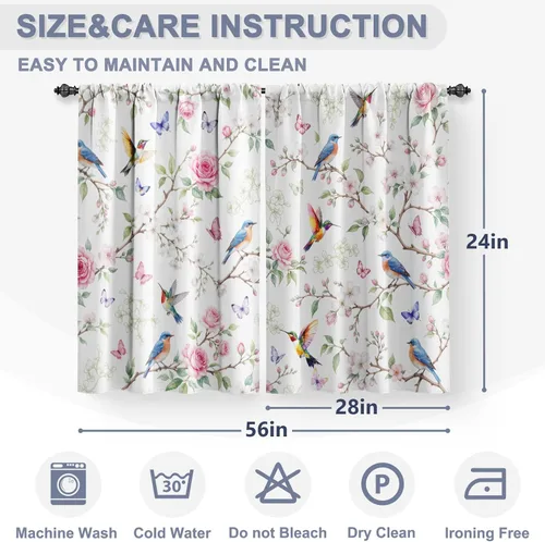 Vista 2 de Jekeno Bird Floral Butterfly Kitchen Curtains Spring Garden Floral Bird Branch Tier Short Rod Pocket Window Drapes for Kitchen Cafe Bathroom 2