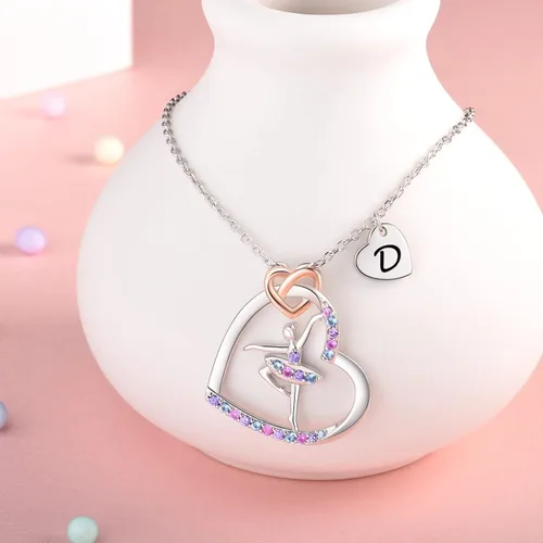 Vista 4 de ACJNA Ballerina Necklace - Sterling Silver - Dance Necklaces for Girls Initial Letter Ballet Jewelry Pendant Rainbow Colorful CZ Heart Silhouette