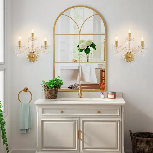 Vista 7 de WUZUPS Apliques de pared de 3 luces para dormitorio, sala de estar, baño, base E12, dorado