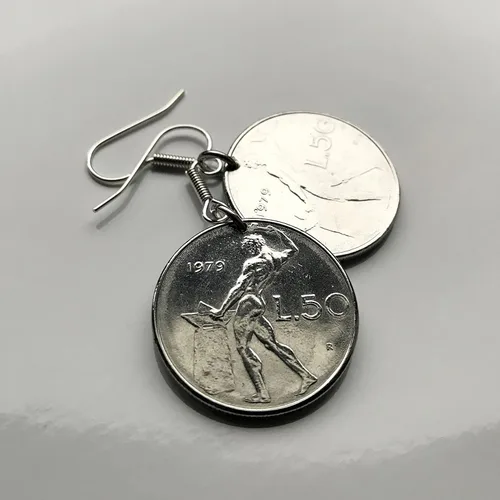 Vista 6 de 1959 Italy 50 Lire coin earrings Italian jewelry Vulcan blacksmith Roma Milan Florence Venice Verona Genoa Perugia Palermo Bologna Torino Napoli