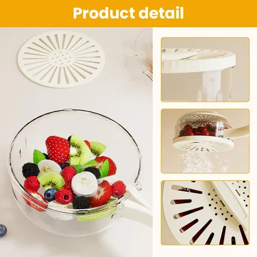 Vista 7 de Cuenco multifuncional para lavar frutas y verduras, cuenco para lavar frutas con colador, recipiente con tapa, escurridor de frutas con asa