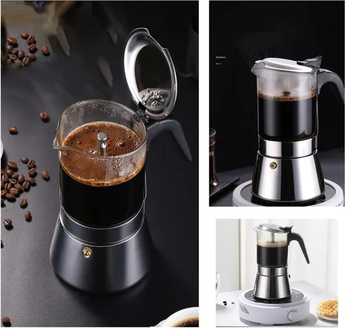 Vista 8 de Cafetera de café expreso, tapa de cristal y olla de café espresso de acero inoxidable, cafetera italiana clásica de acero inoxidable, cafetera
