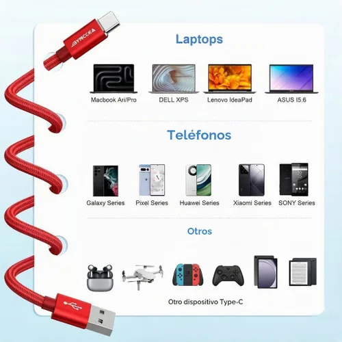 Vista 5 de Bynccea - Paquete de 5 cables USB C de 10 pies tipo C cargador de carga rápida de nailon trenzado USB A a USB C cable para Samsg Galaxy A15 A25 A35