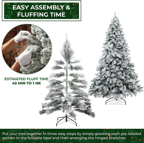 Vista 4 de Casafield Árbol de Navidad artificial de pino nevado realista sin iluminación de 6 pies con soporte de metal resistente