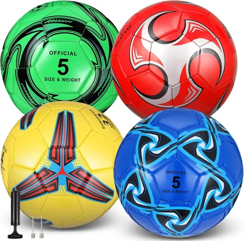 Vista 11 de Tradder Paquete de 4 pelotas de fútbol con bomba, tamaño 3, 4, 5, pelotas de fútbol desinfladas para juego de liga al aire libre y en interiores
