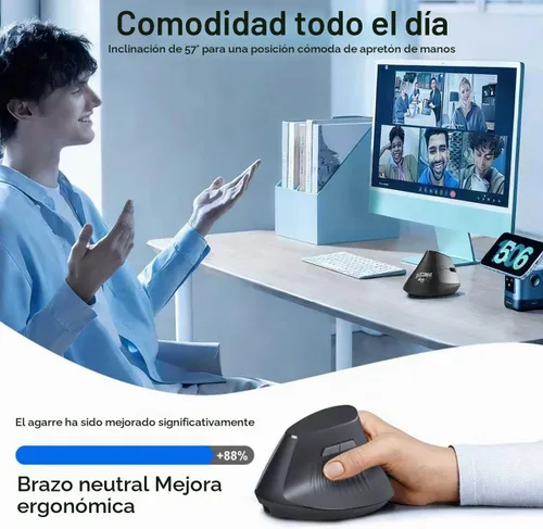 Vista 6 de Ratón ergonómico Bluetooth, mouse vertical inalámbrico recargable para túnel carpiano con conexión USBC y BT 5.0/3.0 y 2.4G, silencioso, fácil