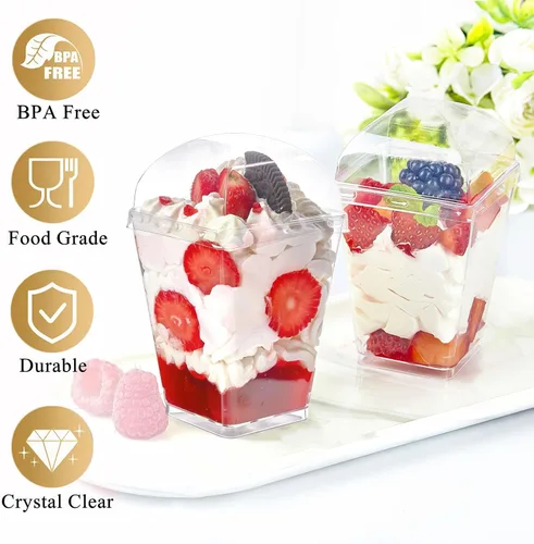 Vista 4 de TOFLEN Paquete de 100 tazas de postre de plástico de 5 onzas con tapas de cúpula para fiestas, mini tazas de postre con cucharas, taza disparadora