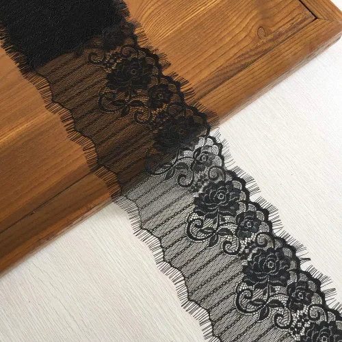 Vista 2 de Tela de encaje de pestañas de 6 pulgadas de ancho con patrón floral para costura, decoración del hogar y manualidades, 3 yardas -9622 (negro)
