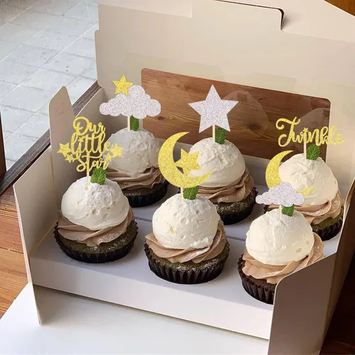 Vista 3 de Paquete de 24 adornos para cupcakes con purpurina de luna, nube, estrellas, estrellas, baby shower, niños, cumpleaños, boda, fiesta, decoración