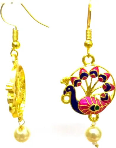 Vista 2 de DESI HAWKER Peacock Meenakari Minakari Pintura esmaltada dorada hecha a mano pendientes Bali Jhumki Jhumka joyería étnica colgante NI-304