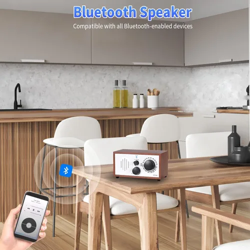 Vista 3 de Altavoz Bluetooth AM FM de madera vintage con enchufe de pared, diseño elegante y retro, altavoz Bluetooth con entrada auxiliar, conector
