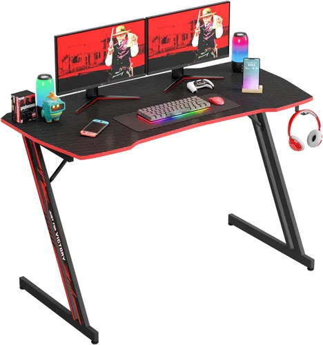 Vista 8 de PayLessHere Mesa de Juegos de 35" Azul Escritorio de Computadora en Forma de Z con Marco de Acero, Gancho para Auriculares, Pies Ajustables