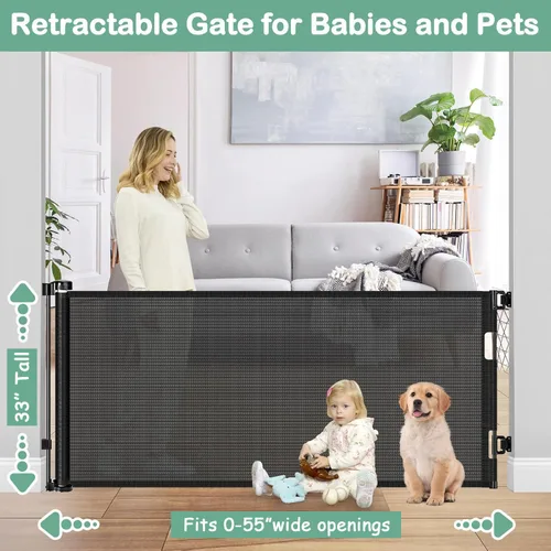 Vista 2 de Puertas retráctiles para bebés para puertas, puertas retráctiles para perros de 55 pulgadas de ancho, barreras para perros para la casa, barreras