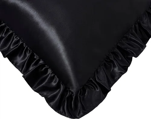 Vista 4 de Fundas de almohada de satén negro con volantes para el cabello y la piel, juego de 2 fundas de almohada de seda negras de tamaño estándar con cierre