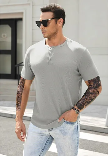 Vista 7 de JMIERR Camisas para hombre con cuello redondo y cuello redondo, camiseta atlética con botón