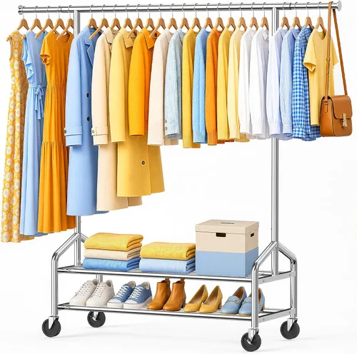 Vista 12 de Heavy Duty Clothes Rack, Rolling Clothing Rack Load 650 LBS for Hanging Clothes with 2 Sturdy Shelves, Metal Garment Rack with Wheels for Bedroom