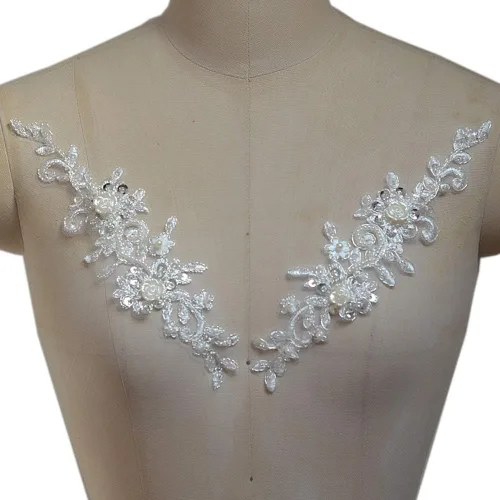 Vista 5 de Bling Paillette - Apliques de encaje con cuentas de perlas para novia, parche de costura para bricolaje, cinturón de boda, zapatos, marfil (2 piezas)