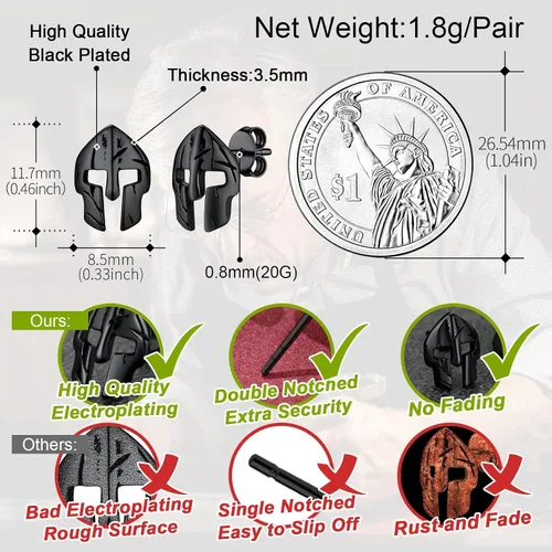 Vista 4 de FaithHeart Spartan - Aretes de casco para hombres y mujeres, acero inoxidable, chapado en oro de 18 quilates, joyería de Grecia con delicado