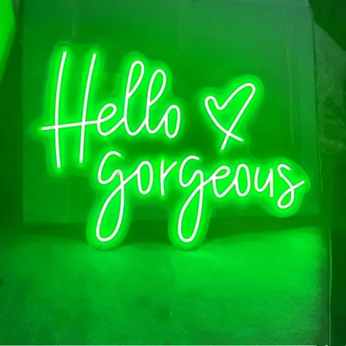 Vista 19 de Letrero de neón LED con texto en inglés «Hello Gorgeous LED», luz nocturna de neón para pared, fiesta de cumpleaños, boda, bar, club, decoración