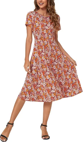 Vista 13 de Urban CoCo Vestido de manga corta para mujer, acampanado, con estampado floral, longitud por debajo de las rodillas # 1