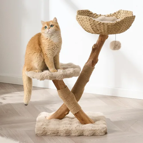 Vista 11 de Árbol para gatos de madera natural para gatos adultos de interior, torre de gatos moderna de 33 pulgadas con cama de felpa súper suave y percha
