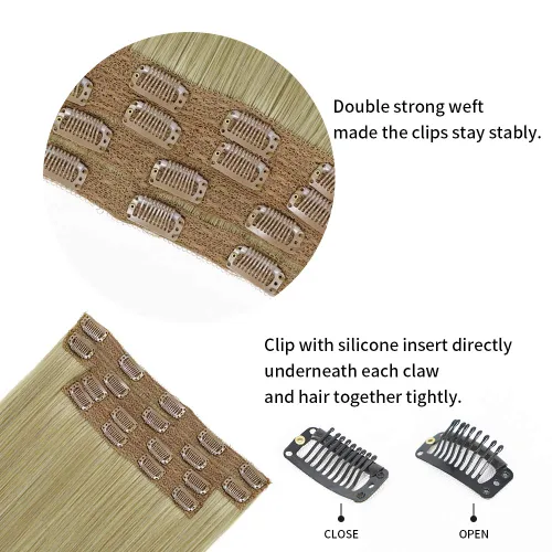 Vista 4 de Sué - Cuatro (4) exquisitas extensiones de 20 pulgadas de cabello ondulado largo grueso con clip, de color rubio miel mezclado con rubio ceniza