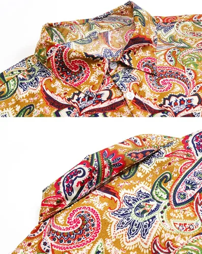 Vista 4 de QZH.DUAO Camisas de lino de discoteca de los años 70 para hombre, estilo casual, estampado de cachemira, floral, vintage, de manga larga y camisa