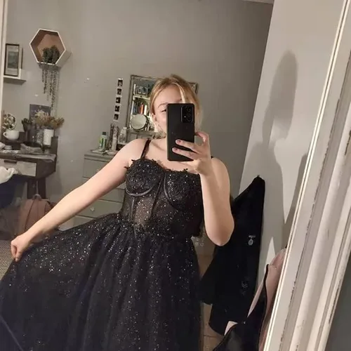 Vista 5 de Molisa Vestidos de fiesta de tul con purpurina 2023 con tirantes delgados, flores 3D, vestidos largos formales de noche con abertura