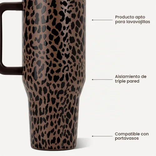 Vista 3 de HydroJug Traveler - Vaso térmico con asa y pajita, 40 onzas, leopardo marrón