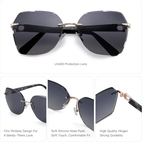 Vista 10 de ZENOTTIC Lentes de sol sin montura de gran tamaño para mujer, diseño geométrico de corte de diamante, lentes degradados, protección UV, tonos de moda