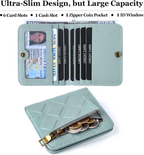 Vista 2 de Billetera para mujer, con bloqueo RFID, pequeña, compacta, plegable, de piel auténtica, con bolsillo, mini carteras para mujeres