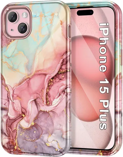 Vista 10 de Btscase Funda para iPhone 15 de 6.1 pulgadas (2023), patrón de mármol 3 en 1, resistente a prueba de golpes, cuerpo completo, policarbonato