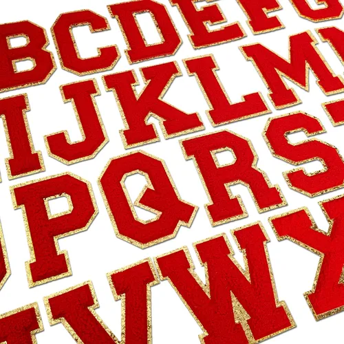 Vista 2 de 3 parches de letras de felpilla roja, parches de letras termo-adhesivas de 4-1/2" con brillantina para ropa, S