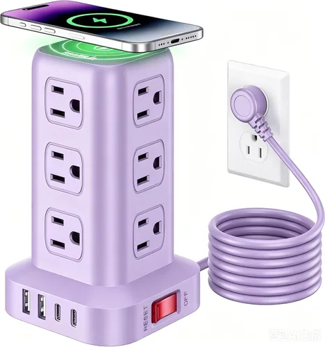 Vista 11 de SMALLRT - Cable de extensión con múltiples tomas, torre de regleta de alimentación con protector de sobretensiones, extensor de salida con 12
