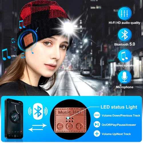 Vista 3 de Gorro Bluetooth con luz, gorro unisex recargable con auriculares Bluetooth inalámbricos, gorra de invierno para campamento, Navidad, cumpleaños