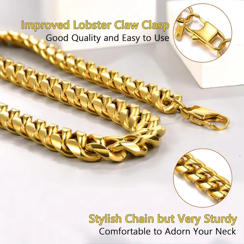 Vista 5 de PROSTEEL Trendy Cuban Links Necklace for Men Women, Black18K Gold Plated 316L Stainless Steel, W 4.8mm-14mm, L 14inch-30inch, Come Gift Box