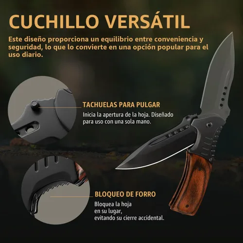 Vista 4 de Cuchillo de bolsillo para hombres con mango de madera, rompedor de vidrio y clip de bolsillo, hoja afilada de 3.66 pulgadas, cuchillos plegables